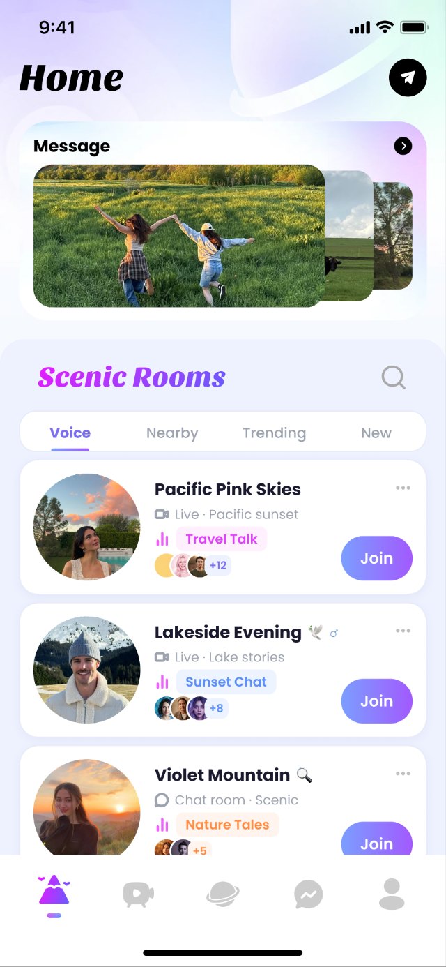 Horiup home screen with live scenic voice rooms