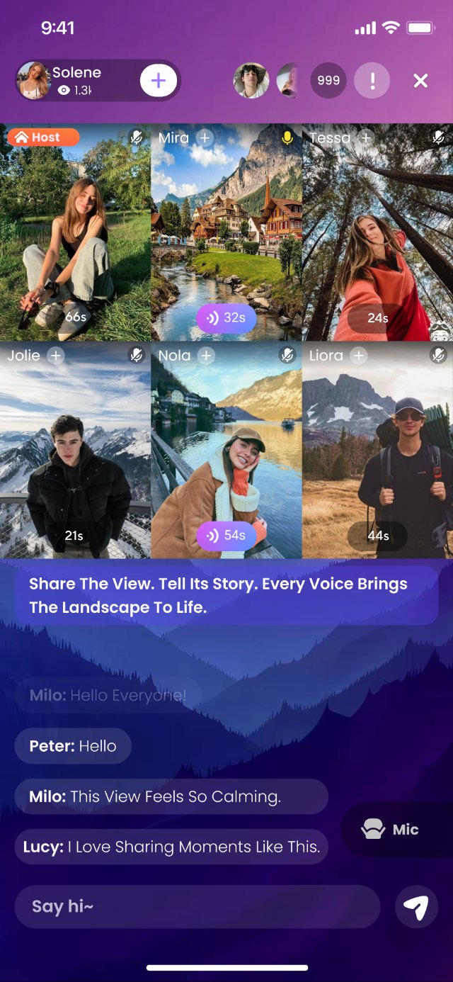A Horiup voice room with six seats and live chat